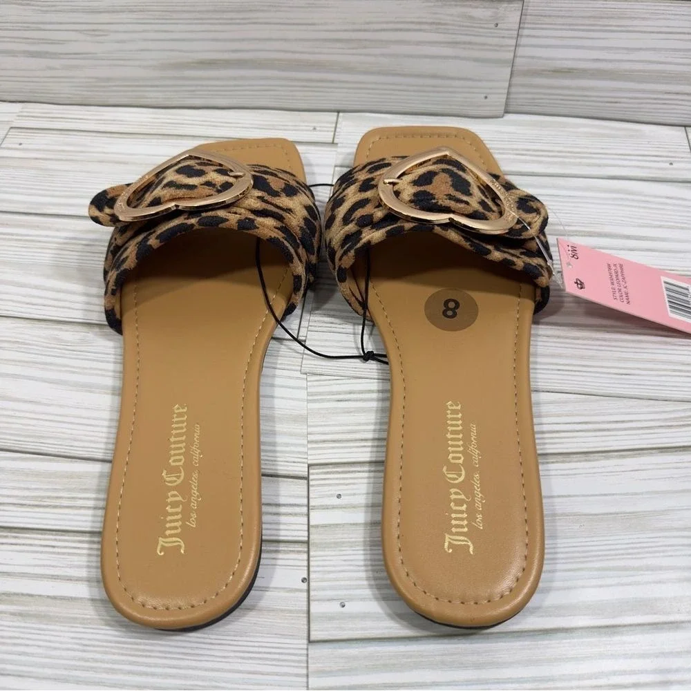 NWT‎ Juicy Couture Leopard Heart Slide Sandals Women Size 8M Tan Black Gold